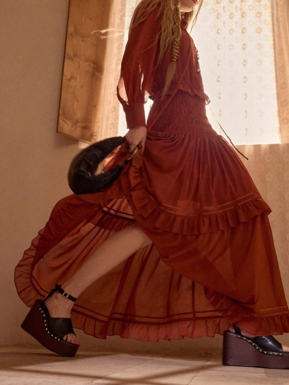 Rust Brown Ruffle Collar Smocked Maxi Dress - Picture 4 of 7